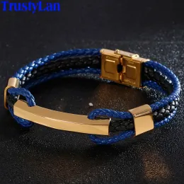 Armband lyxiga flätade treare lager blå läder armband män guld färg rostfritt stål justerbara mens charm armband armband