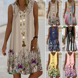 Casual Dresses Summer Women Dress Gradient Färg ärmlös V-hals tryckt a-line Loose Bohemian Style Daily Vacation Beach sundress Knä