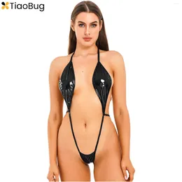 Kadın Mayo Kadınları Metalik Parlak Halter Dantel Up Monokini Tek Parçalı Mayo Bikini Mikro Sırtsız Bodysuit Seksi iç çamaşırı