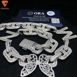 Hiphop Mens Jewelry Cuban Link Chain 925 Sterling Silver Full Iced Out VVS Moissanite Butterfly Letter Cuban Pendant Necklace