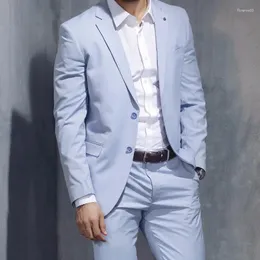 Ternos masculinos da primavera azul -céu masculino elegante de forma inteligente casual slim fit blazers hombre de alta qualidade personalizada fet jacket de calça de calça de calça Homme