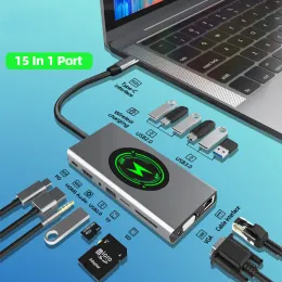 Hubs 15/10/5/4 In 1 Docking Station USB HUB Type C To HDMIcompatible Wireless Charger USB 3.0 Adapter HUB Dock Station For MacBook