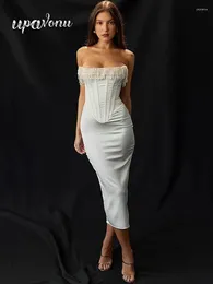 Casual Dresses 2024 Women's Satin Dress Strapless Sleeveless Beaded Tassel Design Bodycon Off Back Midi Cocktail Evening Party Vestidos