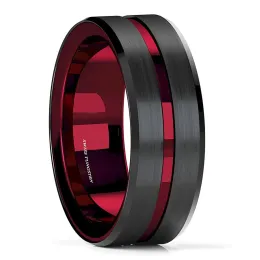 Bands FDLK 8mm Black Carbide Stainless Steel Thin Red Line Wedding Band Ring Men's Jewelry