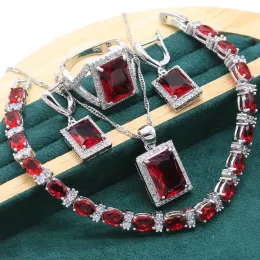Fios nobre rubi vermelho 925 Jóias de prata esterlina conjuntos de jóias para mulheres bracelete de casamento Brincos longos Colar de colar Pingente Ring Presente de Natal