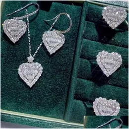 보석 세트 2021 Choucong 칵테일 럭셔리 세트 925 Sterling Sier Fl T Princess Cut Topaz CZ Diamond Heart Pendant Earring Women Ring OTFXF