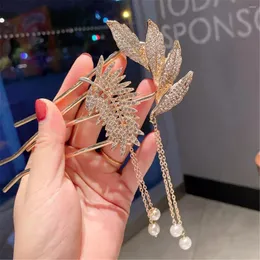 Hair Clips 1PC Leaf Shape Crystal Clip U-shaped Stick Hinestone Pearl Hairpin Styling Fork Women Fashion Accessories