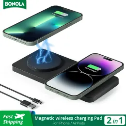 Şarj Cihazları Bonola Çift Manyetik Kablosuz Şarj Cihazı 2 iPhone 15 PRO/14 MACSAFE İPROLLUKLARI İÇİN KABLOSLAR 13/12 11 PRO MAX MAX için Kablosuz Şarj Cihazları