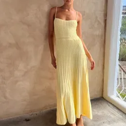 Knitted Pleated Long Dress High Waist Midi Sling Dress Elegant Sleeveless Yellow Dress Women Streetwear Black Bodycon Dress 240423