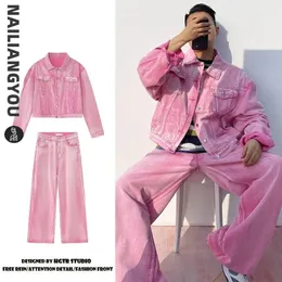 Koreańsko -mody Pink Denim Men Men Spring Autumn Solid Color Denim Coatjeans Unisex Y2K Ubrania HARAJUKU DWA ZESTAWY 240415