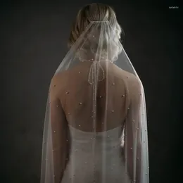 Bridal Veils Elegant Pearls Slick Flat Comb Wedding Veil Mixed Beading 1 Tier Cut Edge Long Veiled Women Accessories V182