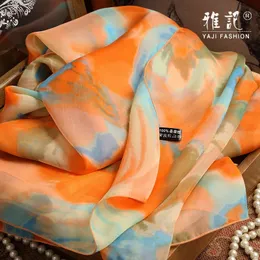 100% Silk Scarfprinted Female Soft and Elegant Yellow Flame Hangzhou Scarf Shawl Long Spring Autumn Winter Summer 240410