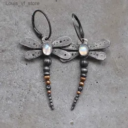 Dangle Chandelier Vintage Silver Color Dragonfly Earrings Ethnic Metal Inlay Moonstone Two Tone Beaded for Women Jewelry H240423