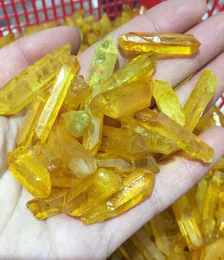 6 pezzi giallo titanio aura angelo bacchetta di bacchetta naturale cristallo crudo ruvido ruvido topazio lemuriano prisma cluster fascia