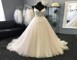 Vestidos de bola vestidos de noiva 2018 Elegant v pescoço de espaghetti Apliques de renda Tulle sem costas vestidos de noiva vestidos de noiva3026443