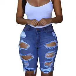 Summer Women High Waist Ripped Knee Length Shorts Jeans Lady Sexy Nightclub Stripper Denim Pants Female Cut Out Streetwear 240423