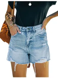 Summer High Stretch Ripped Denim Shorts for Women Fashion Mid midja Sexig rak jeans Casual kläder S-2XL 240418