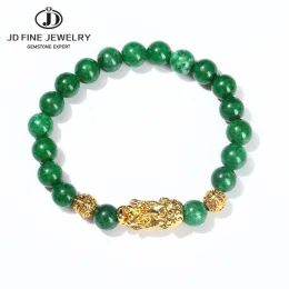 Strands JD Natural Stone Green Chalcedony Golden PixiU Bracelet Mulheres Menino Charme Fengshui Riqueza Jóias de pulseiras