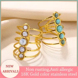 Bands Neues Design mehrschichtiger Opal Edelstahlringe für Frauen Böhmen Naturstein Ring Vintage Golden Schmuck Ästhetik Anillos Anillos