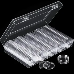 Bins 100st Clear Coin Capsule Holder Fall 27mm 30mm Transparent Commemorative Collectible Coin Medal Storage Box Collection Supplies