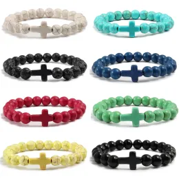 Braggle Fashion Gesù Cross Natural Stone Braccialetti fascino Blu Pine Pine Stone nero Lava Matte Braccialetti di perline Braccialetti Donne Yoga Gioielli