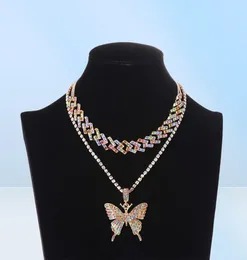 Icened Cuban Link Butterfly Conjunto de gelo Colar de gargantilha feminino Blinged Chain Kocker Hip Hop Pingente Jóias 6075464