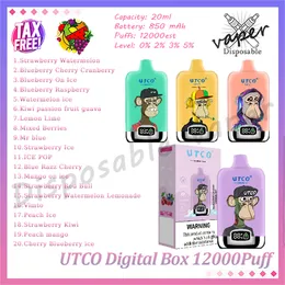 Caixa digital da UTCO autêntica 12000 caneta vape descartável Puff 0% 2% 3% 5% Nível 20 ml Preso preenchido 850mAh Bateria recarregável 12k Puffs E Cigarette 20 Sabores em estoque