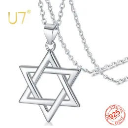 Halsketten U7 925 Sterling Silber Star von David Anhänger Halskette Frauen Silber Religiöser jüdischer Schmuck Zauber Hexagramm Anhänger Halskette