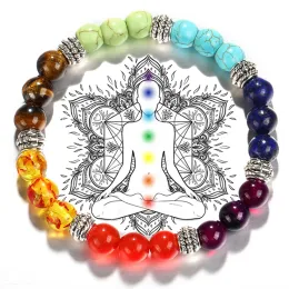 Fios 7 Contas de pulseira de chakra Balance de cura natural Balance de ioga Oração de Buda Reiki Bracelets ajustáveis Bangles de joalheria de homens homens