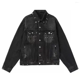 Herrjackor 24SS nitade punktering Ring Buckle Fire Machine Head Denim Jacket Designer