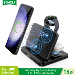 Chargers Bonola 3 em 1 carregador sem fio Stand para Samsung S23 Ultra/Nota 20 Carregadores sem fio rápidos dobráveis para Galaxy Watch 5/Earbuds