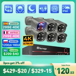 렌즈 Techage Ultra HD 4K POE 카메라 시스템면 감지 된 Redblue Light Alarm Colorful Night 8MP CCTV 비디오 보안 감시 키트