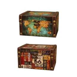 Mülleimer E56C Europäischer Stil Vintage Juwelry Storage Box Mehrzweck Antike Holzpirat -Weltkartenbuchstaben Druck für