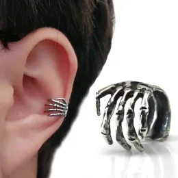 Orecchini neri Scheletro gotico Clip cartilagine auricolare Clip falso perforato per uomini Donne Silver Color Punk Goth Halloween Gioielli regalo