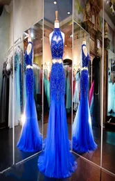 Vestidos de noite de duas peças sereia sereia azul royal de cristal vestidos de bail