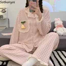 Kvinnors sömnkläder pyjama sätter kvinnor enkelt spets lapptäcke koreansk mode söt långärmare vår mysiga baggy studenter anbud dagligen mujer
