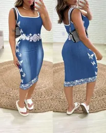 Casual Kleider Frauenstil Kleid 2024 Frühlings-/Sommer Neueste Pendelblumenschmetterling Denim Look Print Square Neck Bodycon Long Rock