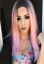 Top Hair China Fashion Ombre Pink Wig Kylie Jenner 14 pollici di parrucche sintetiche sintetiche Glueless Wavy Black Rootpink Capelli resistenti al calore Women W4834884