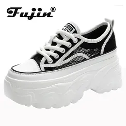 Casual Shoes Fujin 9cm Air Mesh Hollow äkta läderplattform Kvinnor Fashion Chunky Sneakers andningsbara sommar dolda klackar