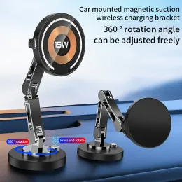 Laddare 15W Magnetic Car Wireless Charger 360 Rotation 2in1 Aluminiumlegering Vikbar stativ för iPhone 14 13 12 11 Pro Max Samsung Xiaomi