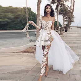 Jungenuits Boho Brautkleider mit Spitzen Applikationen reine Hals -Überwachung Hochzeitskleid mit Hosen durchsichtigen Brautkleider Vestido de noiva