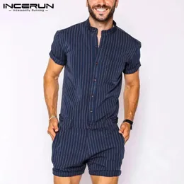 Inderun Striped Men Rompers Oddychający stojak kołnierzyk z krótkim rękawem Joggers Playsuits Streetwear Fashion Men Sumps Suits S-5xl 240420