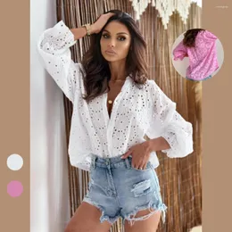 Women's Blouses White Lace Shirt Blouse Women Casual Loose Hollow Out Flare Sleeve Shirts For 2024 Spring Autumn Vintage Top Femme Pink