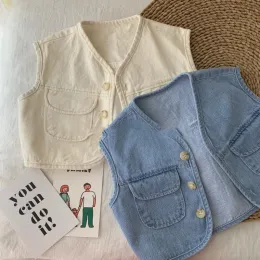 Coats 2022 Summer New Baby Boys Denim Vest Cute Girls Sleeveless Cardigan Pockets Tops Toddlers Kids Waistcoats Jacket