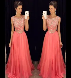 Pink Prom Dresses Crystal Beading Formal Long Graduation Dresses 2019 With A Line Jewel Neck Cap Sleeves Zip Back Ball Gowns5590372