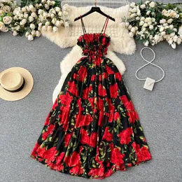 Chic Floral Print Pleated Slip Dress Elegant Korean Fashion Fairy Dresses High Waist A-line Vestidos Summer Women Beach Sundress 240415