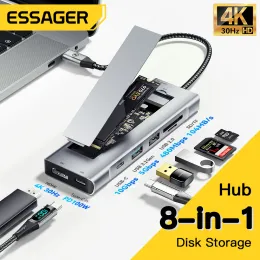 Hubs Essager USB Tipo C Hub com função de armazenamento de disco 8 em 1 USB C para SATA SSD HDD Laptop Dock Station PC para MacBook Pro Air M1 M2