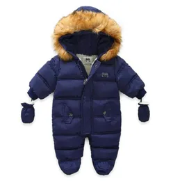 Winter Infant Baby Boy Girl Rompers Plush Fur Collar Hooded Zipper Solid Jumpsuit Coats Thick Warm Outwear with Gloves7454131