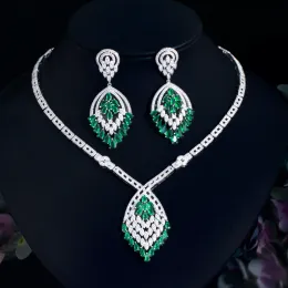 Necklaces CWWZircons Big Chunky Dangle Drop Green Cubic Zirconia Fringed Chandelier Bridal Wedding Dubai Earring Necklace Jewelry Set T722