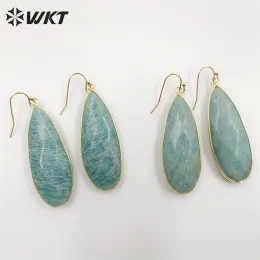 Ohrringe WTE708 Frauen Wunderschöne Doppelfaceted Cut Long Waterdrop Amazonitohrringe 18K Gold Lünette für Mädchen Accessoires